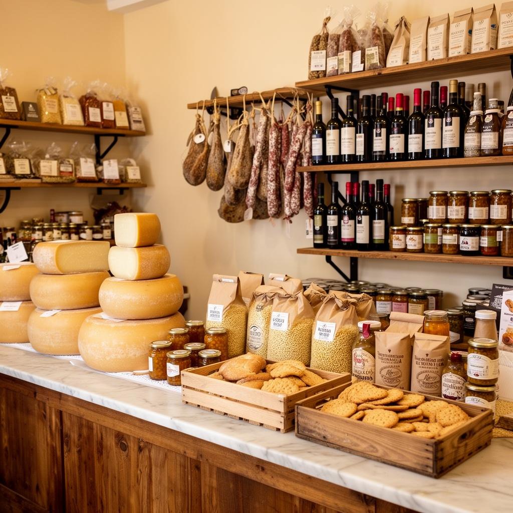 Banco della bottega di Hosteria con prodotti del territorio