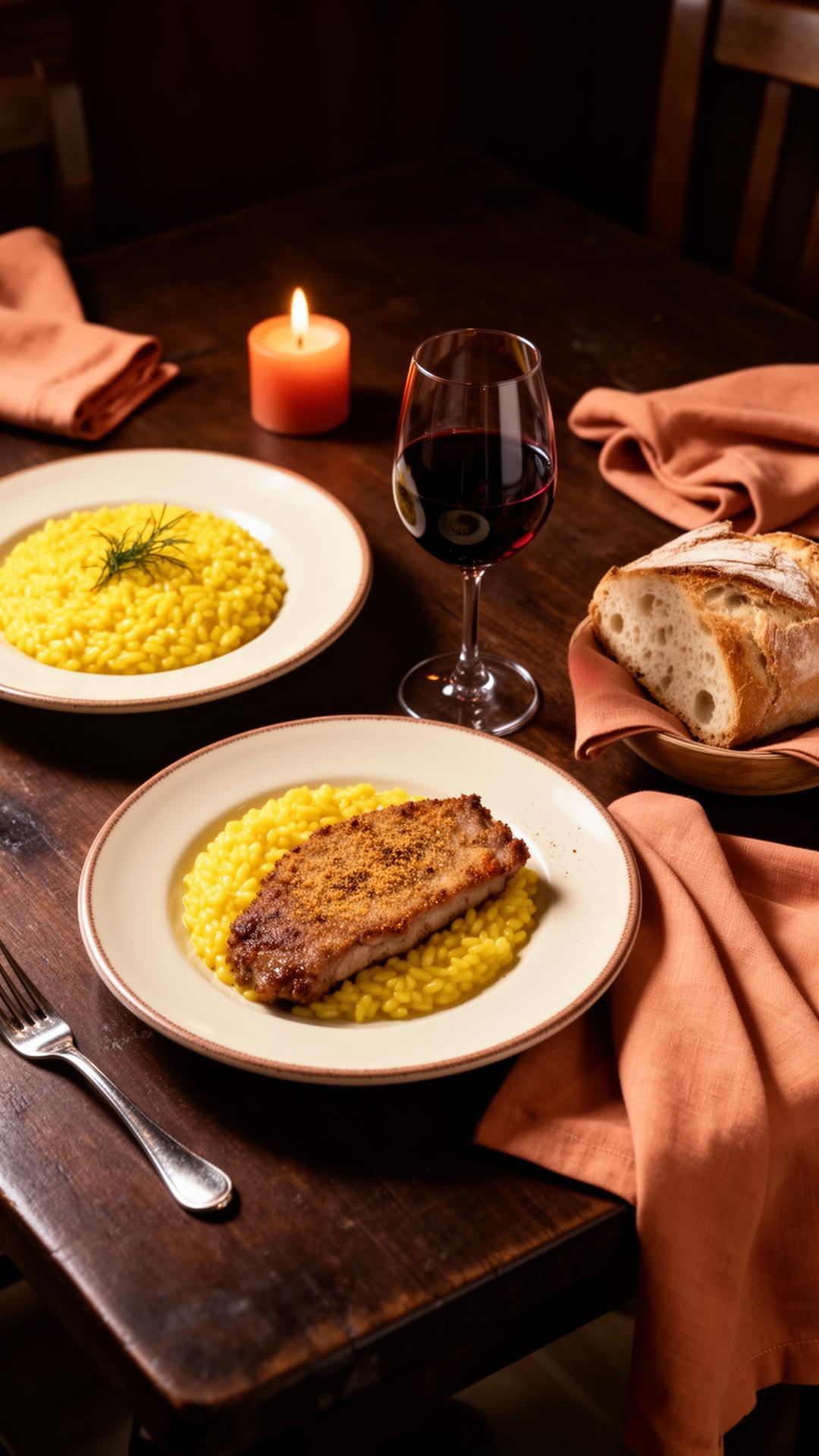 Tavola apparecchiata di Hosteria Novara con risotto allo zafferano, cotoletta e calice di vino